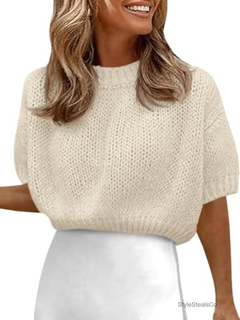 Puff Short Sleeve Cropped Sweater Knit Crewneck Trendy Crop Top Loose